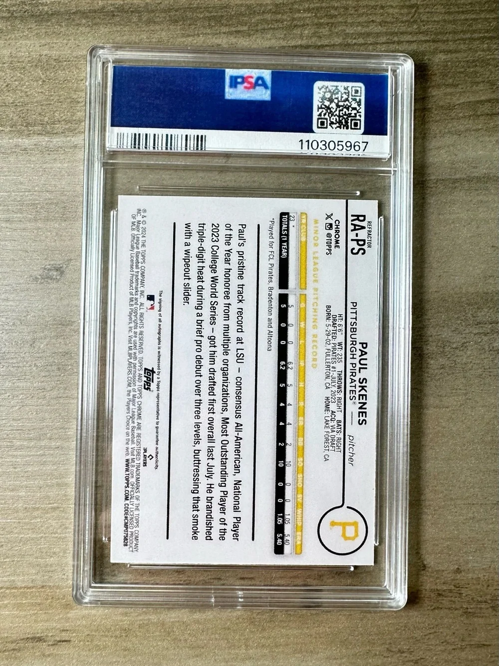 Paul Skenes Signed Rookie 2024 Topps Chrome Gem Mint 10 Novelty Baseball Card.